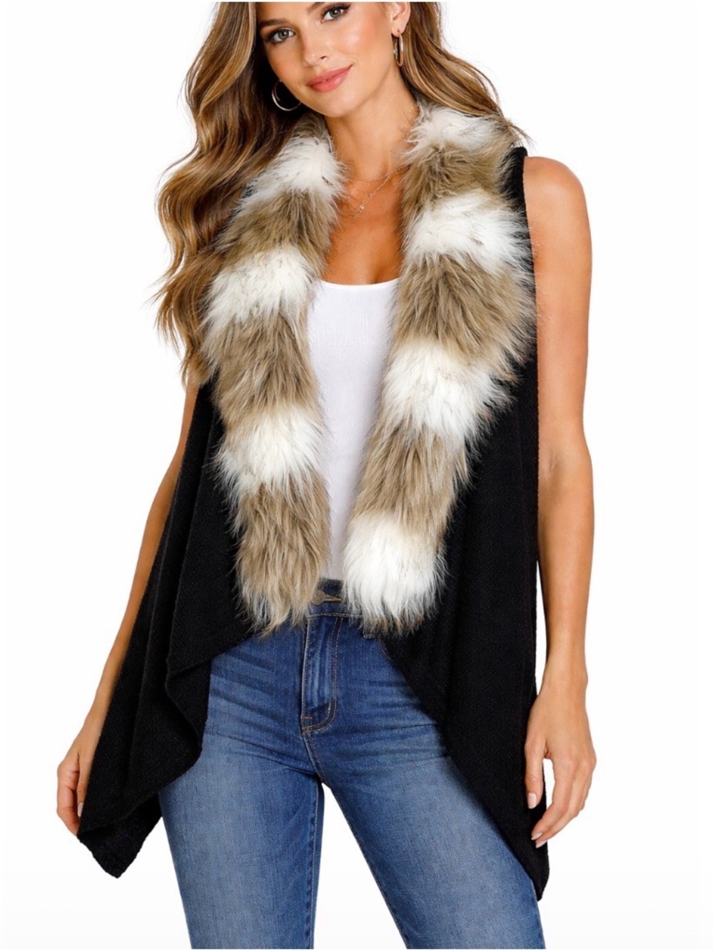 Skies are Blue sweater vest with faux fur trim chocolate brown SZ M